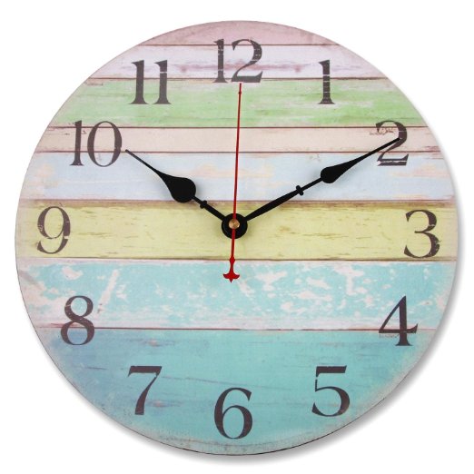 Soledi 12" Vintage Colorful Stripe Design Rustic Country Tuscan Style Wooden Decorative Round Wall Clock (Ocean)