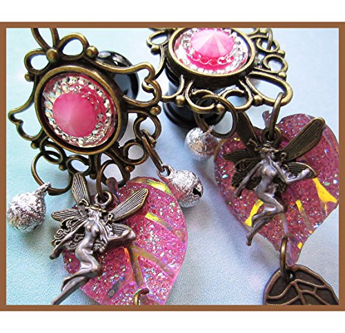 Pink Fairy with Bells stretched dangle earrings pretty EAR PLUGS you pick the gauge size 2, 0, 00g, 7/16, 1/2" aka 6, 8, 10, 12mm
