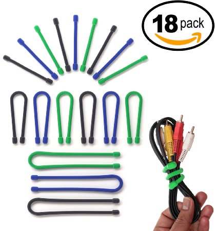 Acrodo 18-Pack Reusable Rubber Gear Twist Ties for Cords  3 6 12 Inch Sizes  Bendable Computer Cable Organizer and Tie Wrap for TV Car Backpack USB Wire Desk Bag and Travel Tech  Outdoor Use