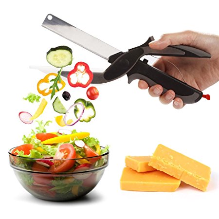 GEECOOK 2-in-1 Clever Cutter Food Chopper Stainless Steel Kitchen Food Scissors Slicer Smart Cutter with Built-in Cutting Board for Vegetables Fruits Chopper