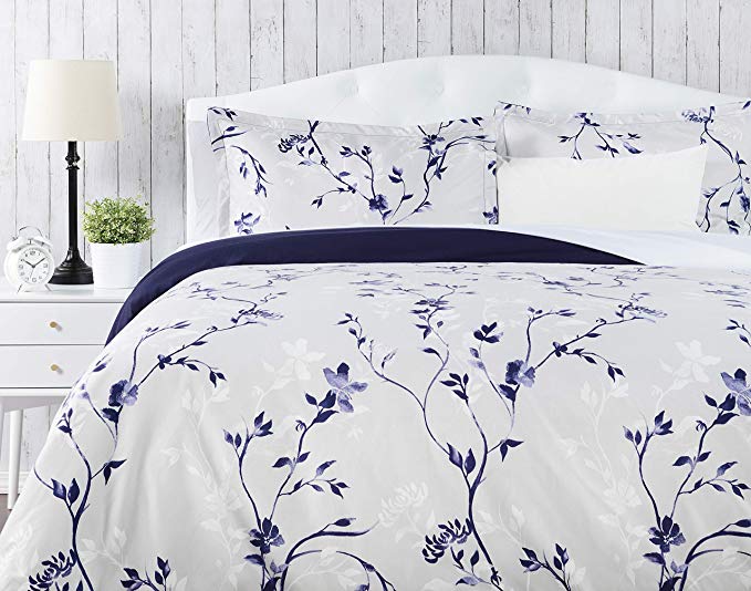 Chanasya Ultra Soft Floral Print 3-Piece Bedding Duvet Cover Set King - Luxurious Brushed Microfiber Comforter Cover - Zipper Closure Reversible Print (1 Duvet Cover & 2 Pillowcases) Navy Purple