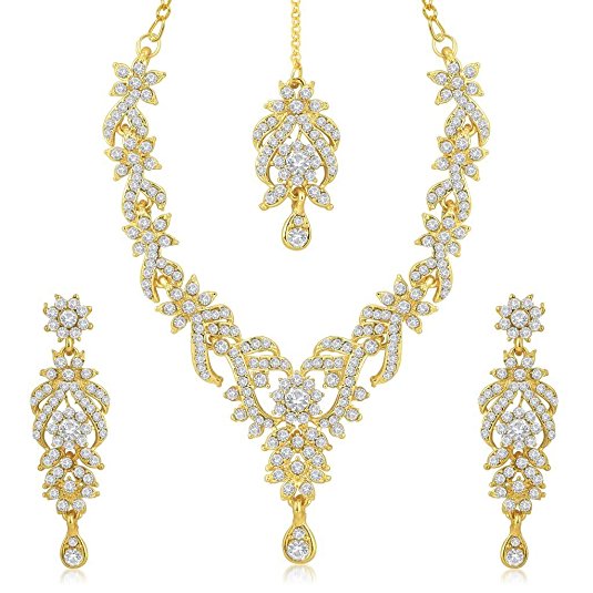 Sukkhi Gold Plated Australian Diamond Choker Necklace With Drop Earrings And Mangtikka Set or Women