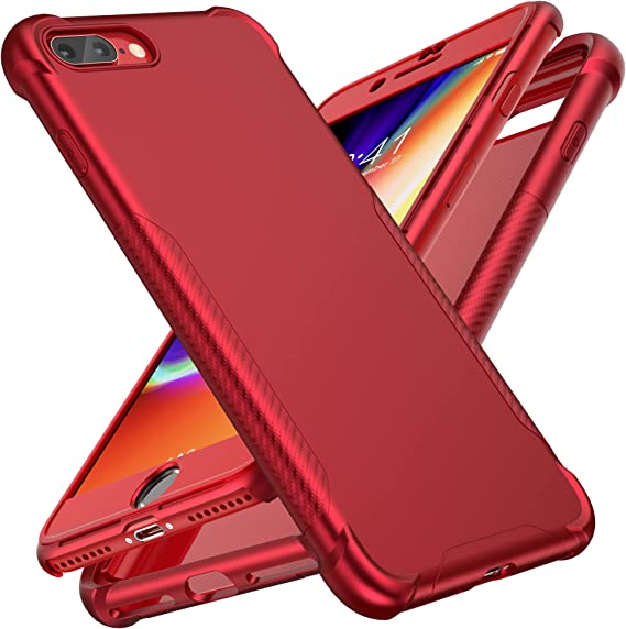 ORETECH Shockproof Case Compatible for iPhone 7 Plus Cover 5.5 inches with 2 Tempered Glass Screen Protector,Hard PC Front with Soft Silicone Back Protective Cover for iPhone 8 Plus Case Red