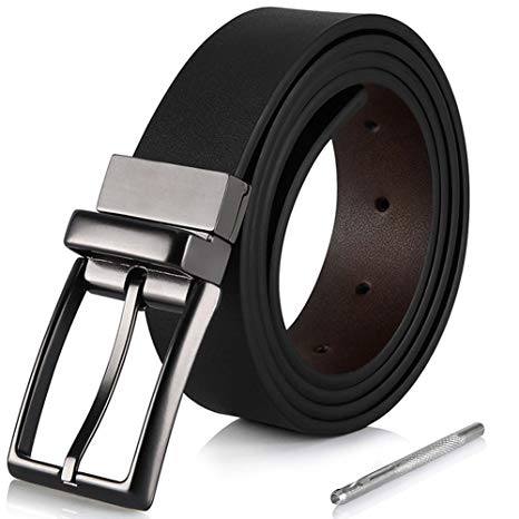 Mens Leather Belt, Reversible Black Dress Belts for Men with Rotated Polished Buckle 3.5CM Wide (120cm, Black/Brown)