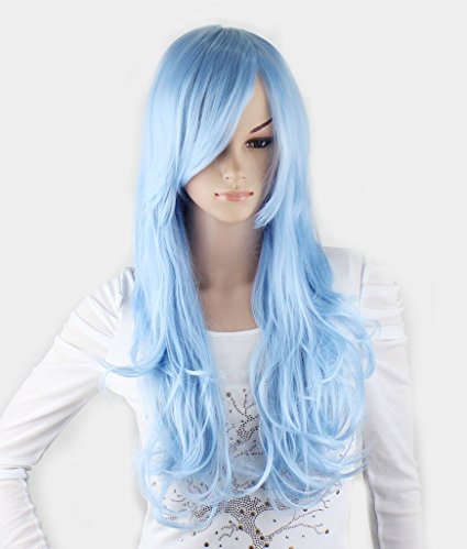 WY Blue Sky 24inch Light Blue Long Natural Curly Wave Layered Medium Synthetic Cosplay Wig for Women with Side Swept Bangs Fringe Fashion   Free Wig Cap