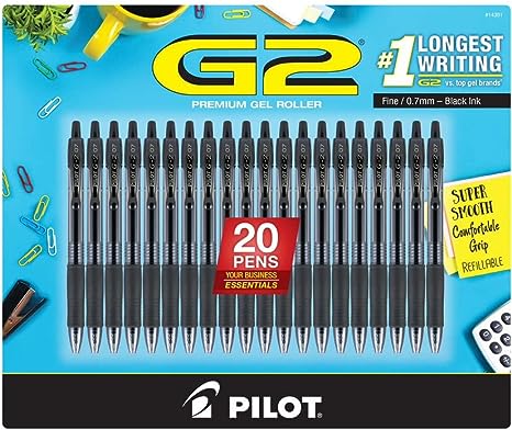 Pilot, G2 Premium Gel Roller Pens, Fine Point 0.7 mm, Black, Pack of 20