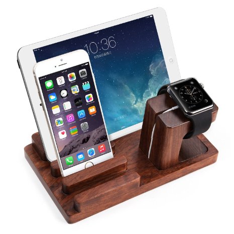 AmorTek 3-in-1 Bamboo Wood Charge Dock Stand for Apple Watch, Tablet, Smartphones, Pen Holder & Docking Station Cradle Bracket