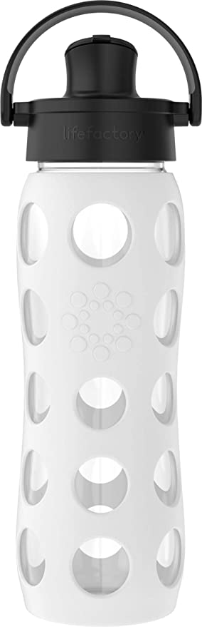 Lifefactory 22-Ounce Glass Water Bottle with Active Flip Cap and Protective Silicone Sleeve, Optic White