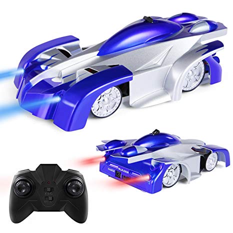 Remote Control Car Toy, Rechargeable RC Wall Climber Car for Kids Boy Girl Birthday Present with Mini Control Dual Mode 360° Rotating Stunt Car LED Head Gravity Defying, Blue