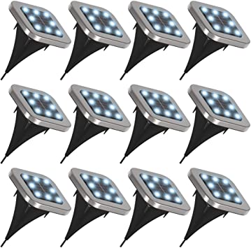Sunco Lighting 12 Pack Solar Pathway Lights, Dusk-to-Dawn, Square, 7000K Diamond White, Cross Spike Stake for Easy in Ground Install, Solar Powered LED Landscape Lighting, Weatherproof