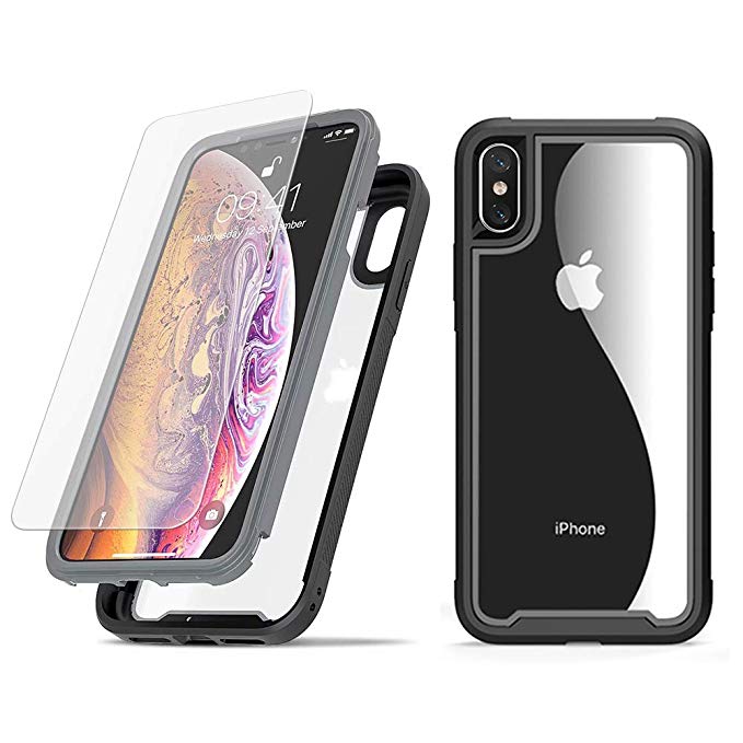 Case for iPhone Xs/iPhone X, ATOOZ 360 Degree Full Body Heavy Duty Protective Shockproof Anti-Scratch Case Cover with Tempered Glass Screen Protector for iPhone Xs/X 5.8 Inch (Gray)