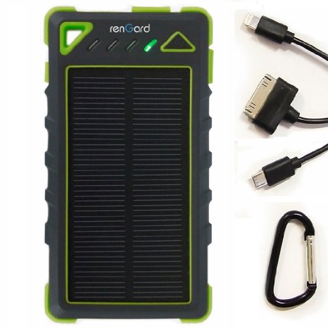 RenGard Solar Charger 8000mAh - Outdoor Portable Power Bank - with Dual USB Port and LED Flashlight - Rain-, Dust-Proof and Shock-Resistant - with Drawstring Pouch Bag and 3-in-1 Cable - Black&Green