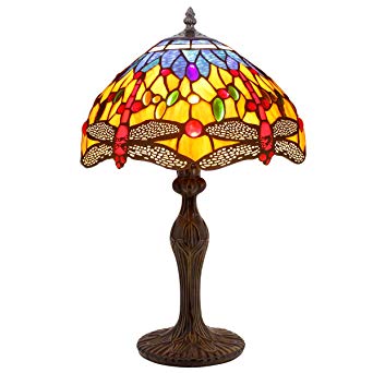 Tiffany Lamps Orange Blue Stained Glass and Crystal Bead Dragonfly Style Table Lamp Height 18 Inch for Coffee Table Living Room Antique Desk Beside Bedroom S168 WERFACTORY