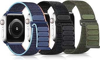 Getino Compatible with Apple Watch Band Series 9 8 7 6 5 4 3 2 1 SE Ultra Bands iWatch 42mm 44mm 45mm 49mm 41mm 40mm 38mm, Stretchy Sport Nylon Velcro Bracelet Women Men, Black/Army Green/Abyss Blue
