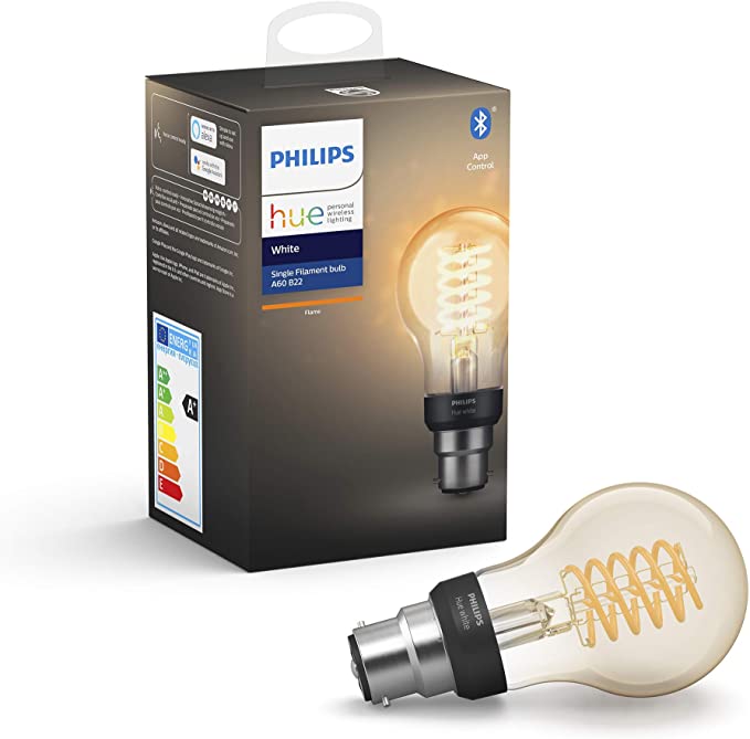 Philips Hue White Filament Regular A60 LED Smart Light Bulb 1 Pack [B22 Bayonet Cap] , with Bluetooth, Works with Alexa, Google Assistant and Apple Homekit.