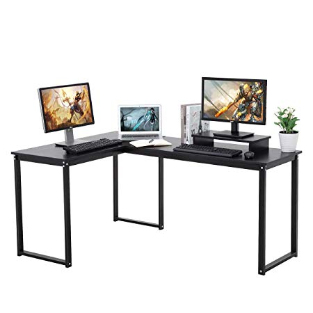 Computer Desk, LASUAVY L-Shaped Large Corner PC Laptop Study Table Workstation Gaming Desk for Home and Office - Free Monitor Stand - Wood & Metal - Black Wood Grain