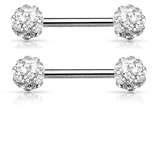 Crystal Paved Ferido Balls Nipple Bars Barbells Rings - 14G 316L Stainless Steel - Sold as a Pair