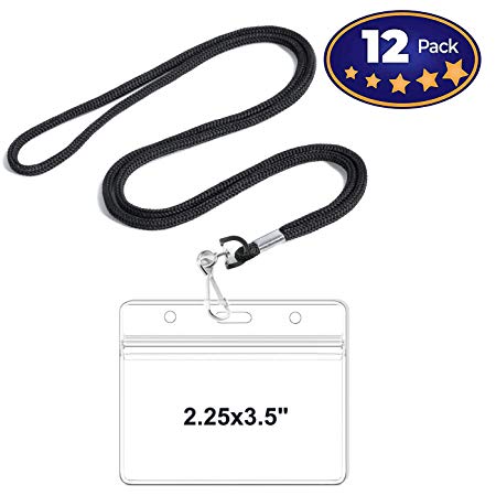 Premium Horizontal ID Tag Nametag Name Badge Holders with Woven Lanyard (Satin Black 12 Pack) - Plastic Name Badge Holders - Business Events Favors-by IRISING