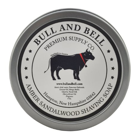 Bull and Bell Amber Sandalwood Shaving Soap - Handmade in America with All Natural Premium Quality Ingredients Including Mango Butter and Coconut Oil - 4 Ounces - Best Shave Soap for Sensitive Skin