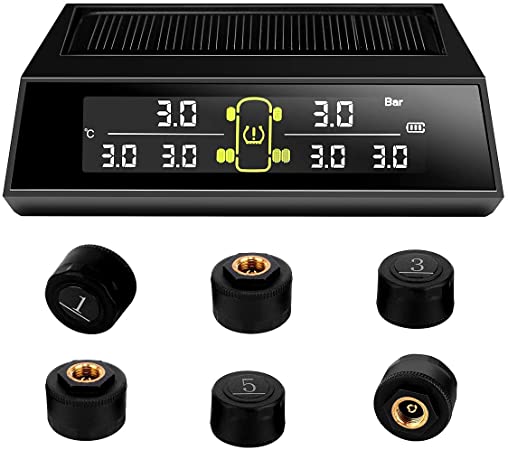 Blueskysea TS200 Tyre Pressure Monitoring System,Solar Wireless TPMS with 6 Tire External Sensors LCD Display RV Auto Security Alarm for RV Car Trailer Truck Tow Motorhome