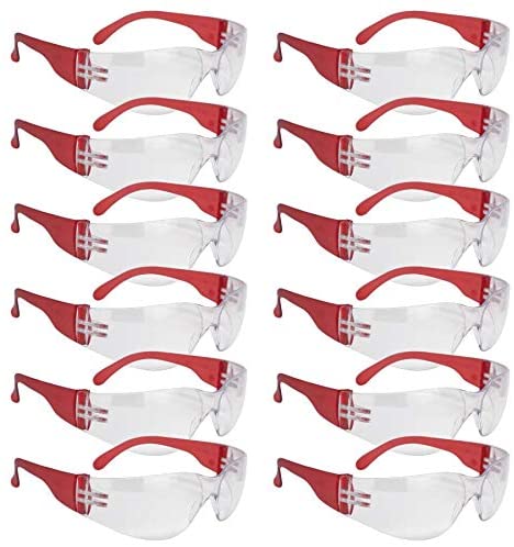 SAFE HANDLER Clear Lens Color Temple Safety Glasses | One Size, Adult, Youth, Clear Protective Polycarbonate Lens Color Temple, RED, 12 per Pack (1 pack)