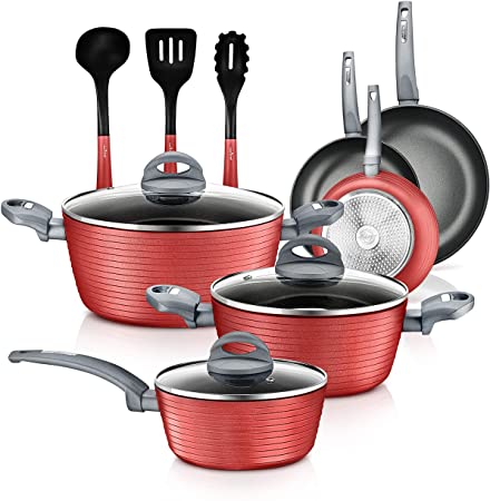 NutriChef Nonstick Kitchen Cookware Set - Professional Hard Anodized Home Kitchen Ware Pots and Pan Set, Red, One size