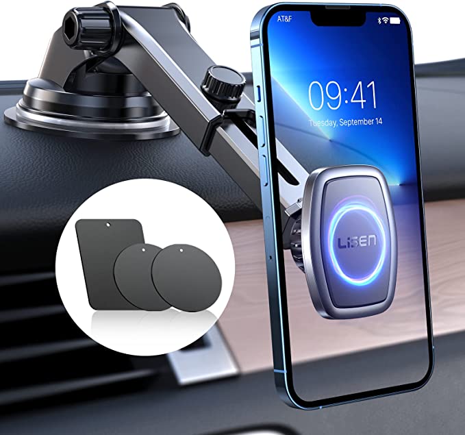 LISEN Magnetic Car Mount Holder Phone 6 Strong Magnets Dashboard Magnetic Phone Holder for Car Ultra Stable Suction Phone Mount for Car Magnetic for iPhone Samsung LG Tablets