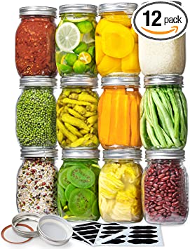 Vtopmart Regular Mouth Glass Mason Jars 16 oz, 12 Pack Glass Canning Jars with Metal Airtight Lids and Bands, for Meal Prep, Food Storage, Canning, Preserving, Drinking, Overnight Oats, DIY Projects