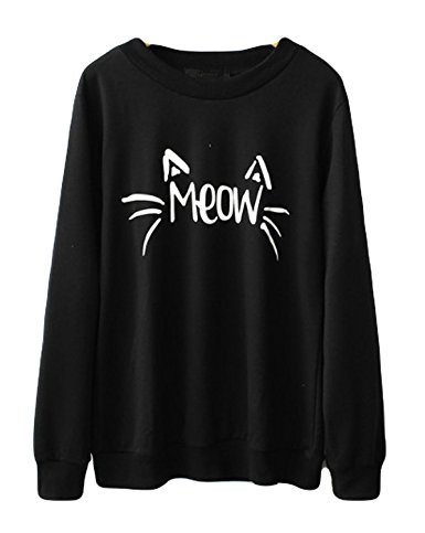 Halife Women's Cute Cat Face and Meow Letter Print Lightweight Sweatshirt