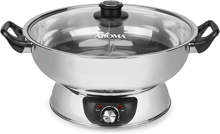 Aroma Housewares ASP-610 Dual-Sided Shabu Hot Pot, 5Qt, Stainless Steel Aroma Housewares 3 Uncooked/6 Cups Cooked Rice Cooker, Steamer, Multicooker, 2-6 cups, Black