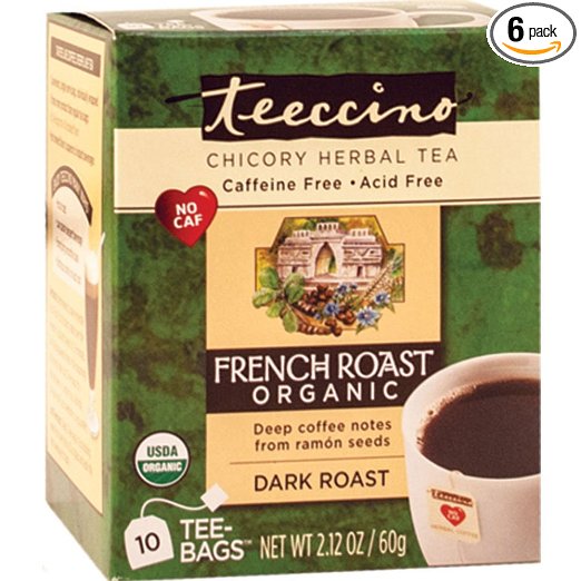 Teeccino French Roast Organic Chicory Herbal Tea bags, Caffeine Free, Acid Free 10 count (Pack of 6)