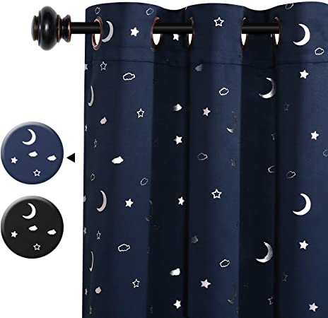 H.VERSAILTEX 100% Blackout Curtains Thermal Insulated Room Darkening Nursery Starry Curtains for Bedroom Primitive Moon and Star Pattern Grommet Window Treatment 1 Panel, 52" x 63", Navy