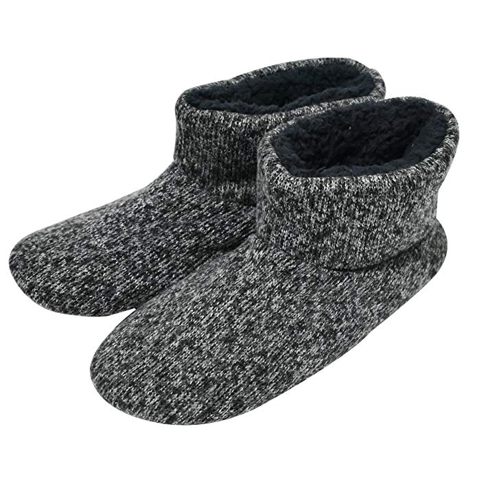 Q-Plus Knit Rock Wool Warm Men Indoor Pull on Cozy Memory Foam Slipper Boots with Soft Rubber Sole