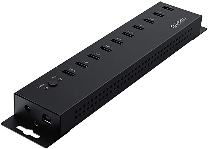 ORICO Powered USB Hub, 10 Ports USB 2.0 Industrial Metal Data Hub with Data Cable, Removable Hanger, 12V5A Power Adapter, Individual On/Off Switches