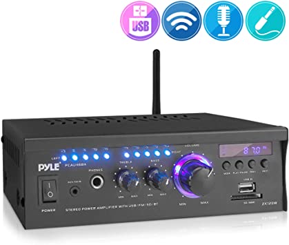 Wireless Bluetooth Home Stereo Amplifier - 2x120 Watt Power Amplifier Home Audio Bluetooth Receiver System W/Blue Led Display, USB/SD, AUX, RCA, Headphone Jack - Remote - Pyle PCAU46BA