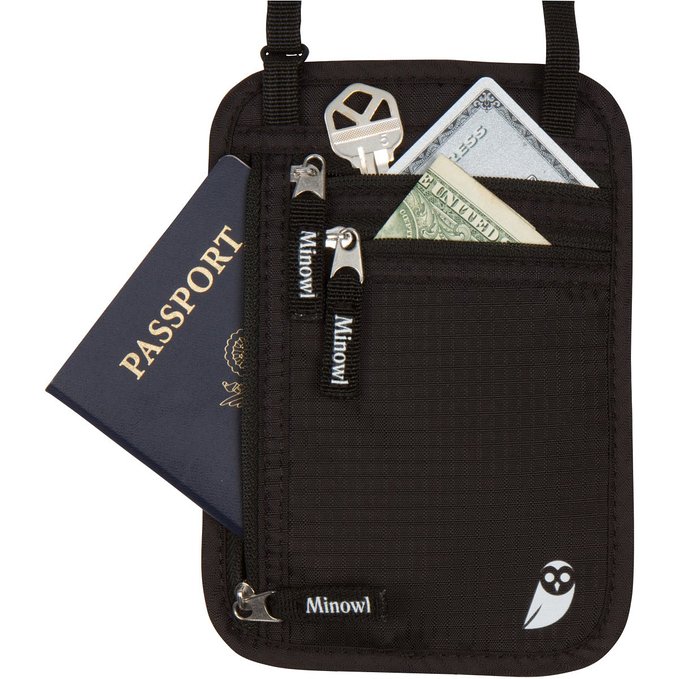 Ultimate Travel Neck Pouch by Minowl RFID Blocking Wallet Passport Holder Stash