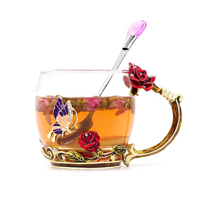 Daycindy Handmade Enamel Cup Glass Coffee Mug with Spoon Set (12oz, Rose Red)