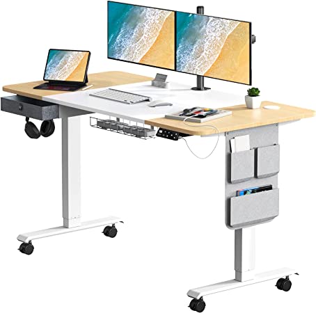 Maidesite Standing Desk Adjustable Height, 55 Inch Stand Up Desk, Electric Sit Stand Desk with Caster Wheels, Drawer and Cable Management Tray for Home Office, Oak White Desktop