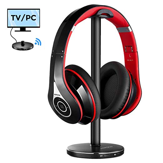 Mpow 059 Bluetooth TV Headphones Over Ear, 20 Hrs Playing, 30m/100ft Conection Range, Hi-Fi Bass Sound, TV Wireless Headphones with Transmitter, Foldable TV Headsets for TV/PC/Cellphones -Red