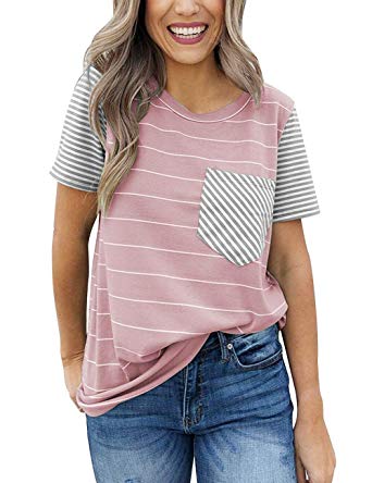 Sofia's Choice Women's Summer Striped Short Sleeve Contrast Color Casual Round Neck T-Shirt with Pocket Loose Blouse Tops