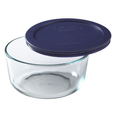Pyrex Storage Round Dish with Dark Blue Plastic Cover, Clear (4-Cup, 2-Piece)