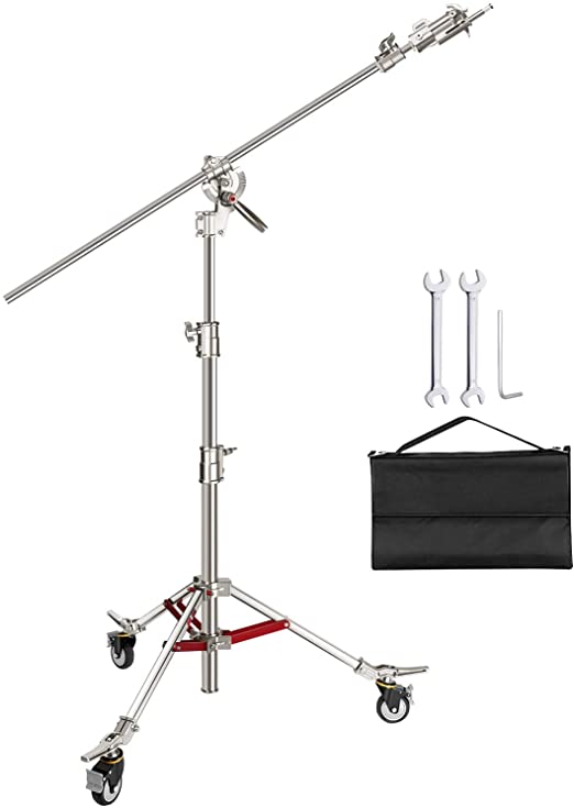 Neewer Pro 100% Stainless Steel C Stand Light Stand with Pulleys, Max. Height 14.4ft/440cm with 7ft/218cm Cross-Bar and Empty Sandbag for Photography Studio Reflector, Monolight and Other Equipment