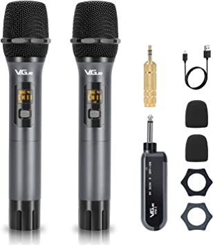 Wireless Microphone, UHF Cordless Mic System with Rechargeable Receiver & 2 Handheld Dynamic Mics, Ideal for for Karaoke, Singing, Party, Wedding, Speech, 200 ft (WM-2)