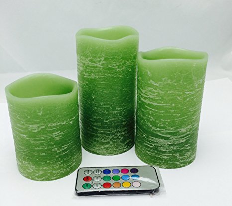 Green Rustic Real Wax Led lights ,Auto-circle Timer, Remote control Set of 3, tall 4", 5", 6", forest scented