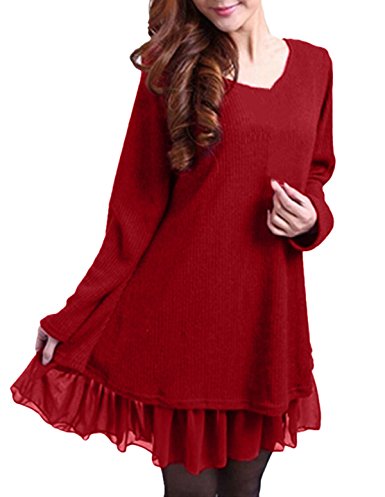 StyleDome Women Lace Hem Long Sleeve Round Neck Doll Flare Maxi Mini Dress