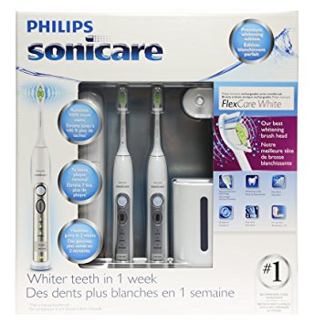 Philips Sonicare FlexCare White (Premium Whitening Edition) HX6962/73- 2 Pack Combo (2 Rechargeable toothbrushes, 2 DiamondClean brush heads, 1 UV sanitizer and charger, 1 travel charger, 2 travel cases)
