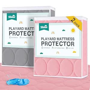 Pack and Play Protector Sheets Waterproof 2 Pack, Quilted Pack and Play Mattress Pad Cover Fitted Fits for Graco Pack n Play Playard Mattress/Playpen Mattress, Gray & Pink, 39" x 27"