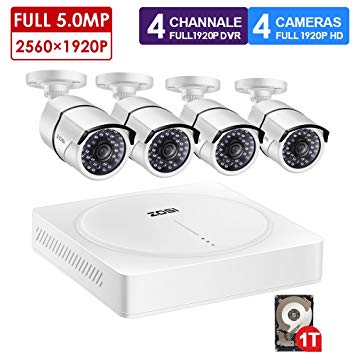 ZOSI Super HD 5.0MP Outdoor/Indoor CCTV Camera Systems 4 Channel 5.0MP Surveillance DVR w/1TB Surveillance HDD and 4x1920P 5.0MP Weatherproof CCTV Cameras 100ft Night Vision