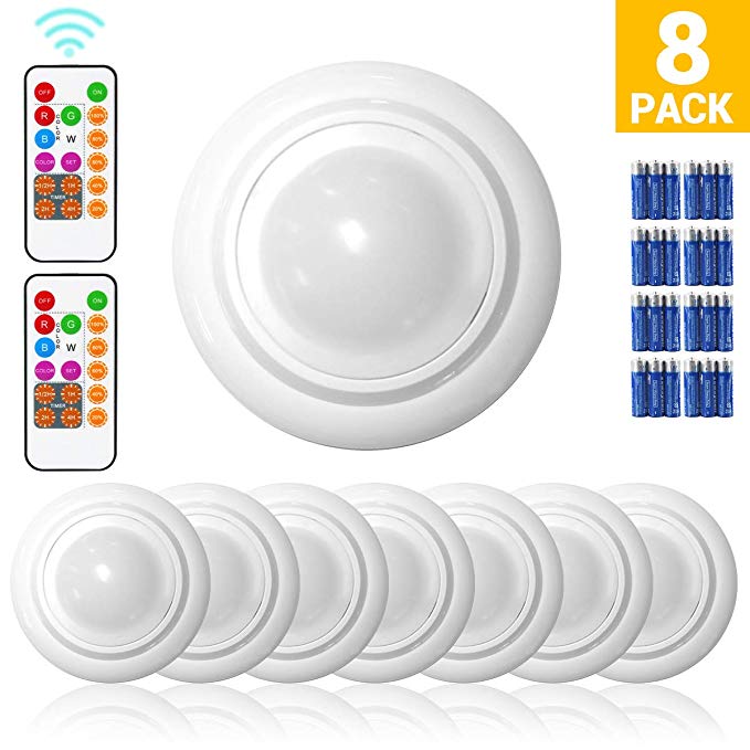Wireless LED Closet Lights, RGB Color Changing Puck Light, Battery Operated Under Cabinet Light with Remote Control, Touch Sensor LED Night Light, 8PK