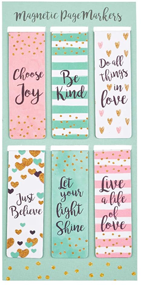 Christian Art Gifts Set of 6 Choose Joy Be Kind Just Believe Inspirational Magnetic Bookmark, Sparkle Collection, Size Small 2.25" x .75"